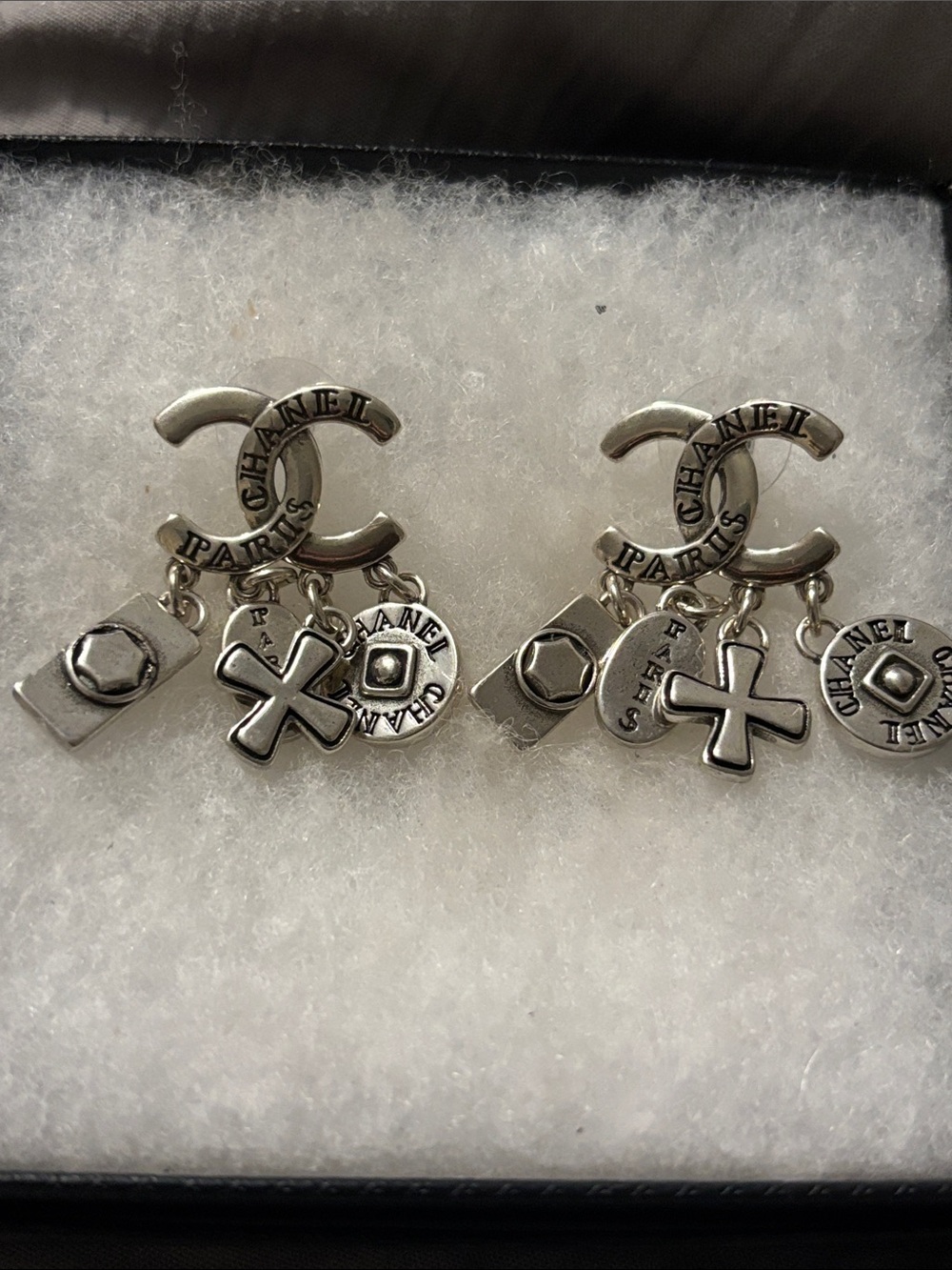CHANEL Silver-Tone Double C Charm Drop Earrings